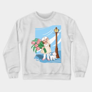 Girl carrying tulips against a strong wind Crewneck Sweatshirt